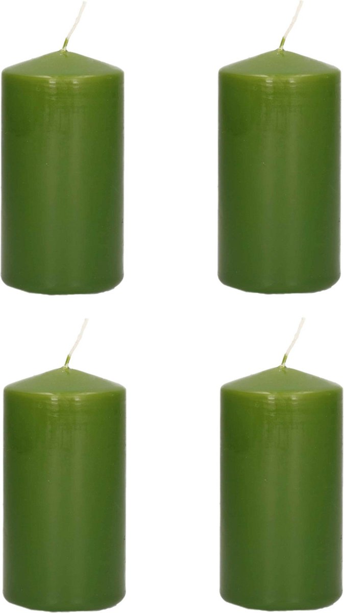 Trend Candles Cilinderkaars/stompkaars - 4x - olijfgroen - 6 x 12 cm - 40 branduren - met brandvertragende folie