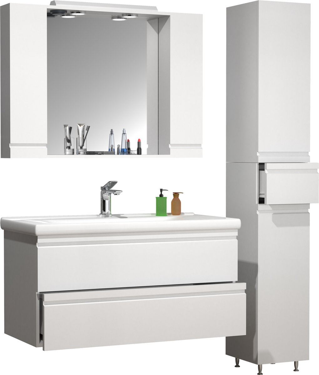 VCM 4-tlg. Waschplatz Waschtisch 100 cm Badmöbel Set Waschbecken grifflose Schublade Spiegelschrank Hochschrank Silora XL