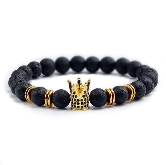 Armband – kralenarmband – lava kralen 7 mm – gouden details – handgemaakt – met gouden kroon bedel – Boho Style – 18 cm – Feel Good Store – Zwart | Goud