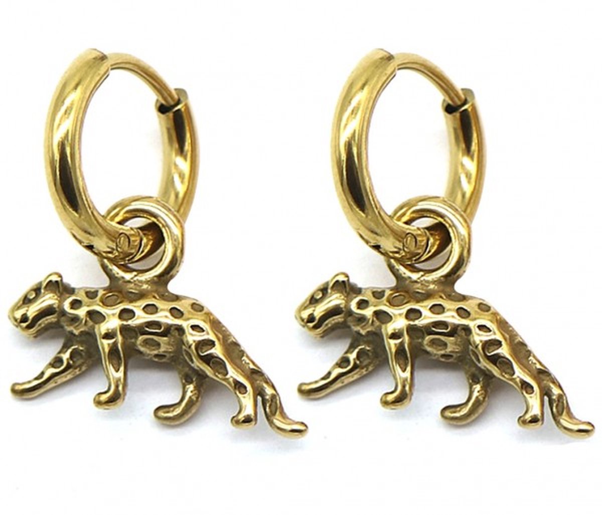 oorbellen luipaard goud- Leopard gold- Earrings goud- steel 1 cm oorring- 17 mm leopard