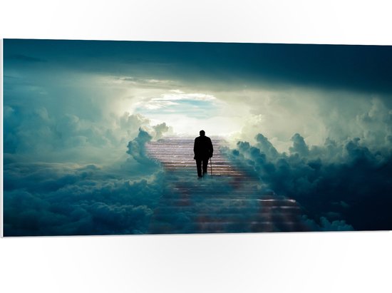 WallClassics - PVC Schuimplaat- Man lopend op Trap naar Wolken - 100x50 cm Foto op PVC Schuimplaat