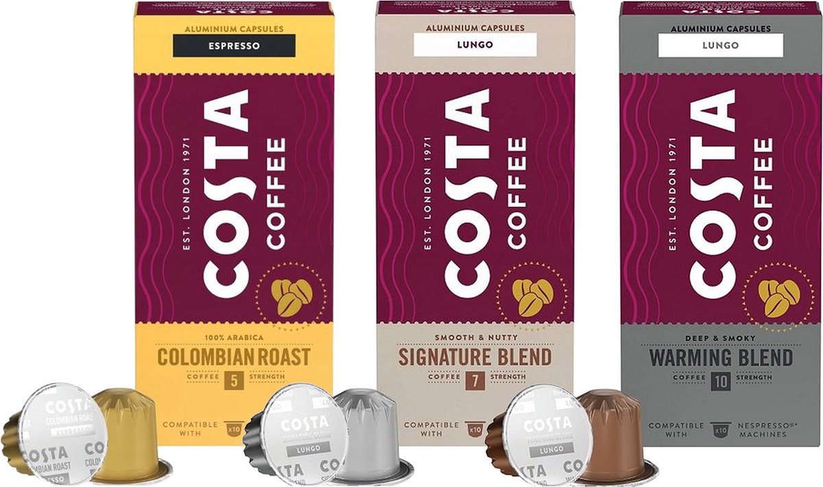 30 capsules COSTA Coffee - Colombian Roast, Signature Blend, Warming Blend