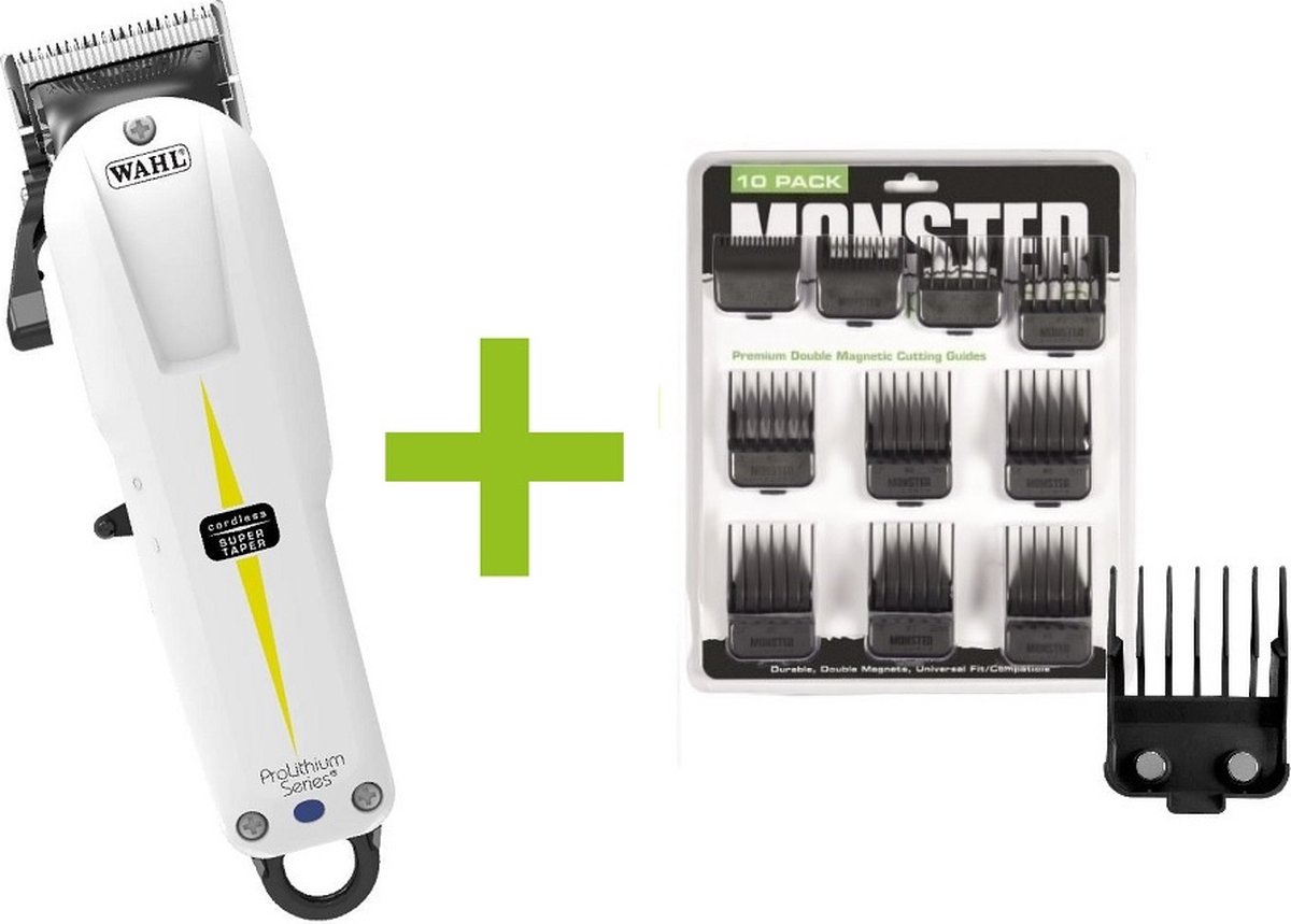 Wahl Super Taper Cordless + Monster Clippers Premium Dubbel Magnetische Opzetkammen Zwart