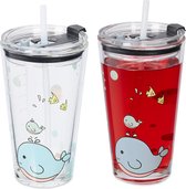 Verres à boire Relaxdays - lot de 4 - motif baleine - verres pour enfants - paille - transparent