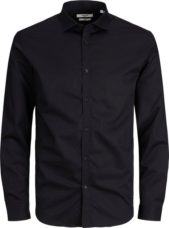 Chemise noire formelle pour hommes, manches longues, boutonnée.