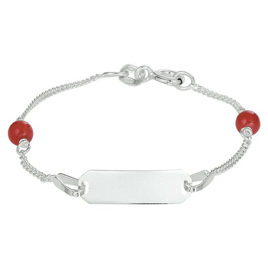 Zilveren kinder graveerplaat armband rode kraaltjes 13cm