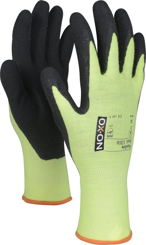 Lichtgroene werkhandschoenen met zwarte, ruwe grip en oranje rand. Maat M/8.