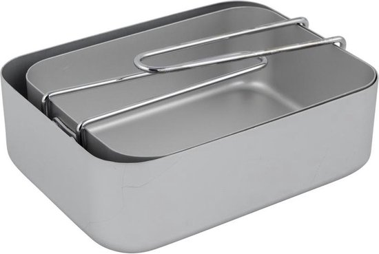 Deux gamelles rectangulaires en aluminium argenté empilées, avec poignées rabattables.
