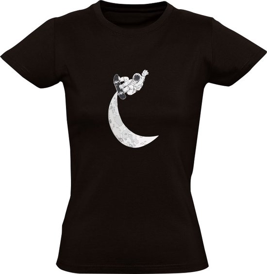 Foto: Skateboarden op de maan dames t shirt halfpipe skateboard ruimte space astronaut zwart