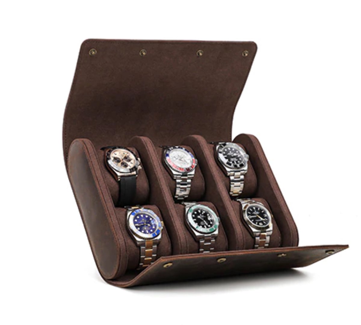 BUGOLINI AntiqusPro - 6 Slots Beschermhoes Voor Horloges - Echte Leer - Met Knoopsluiting - Bruin