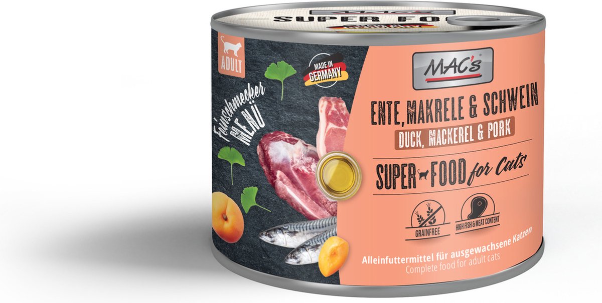 MACs MAC's Superfood Kattenvoer Fijnproever Natvoer Blik - Eend, Makreel & Varkensvlees 6x 200g - zeer hoog vleesgehalte van 96,8%