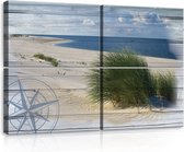 Canvas Schilderij - Duinen - Strand - Hout - Gras - Zee - Oceaan - Water - Wolken - Inclusief Frame - 120x80cm (lxb) - 4 Luiks