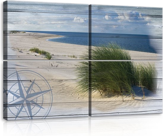 Canvas Schilderij - Duinen - Strand - Hout - Gras - Zee - Oceaan - Water - Wolken - Inclusief Frame - 120x80cm (lxb) - 4 Luiks