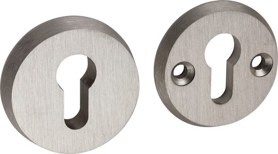 Twee ronde rozetten van geborsteld aluminium in RVS-look met uitsparing voor europrofiel cilinder.