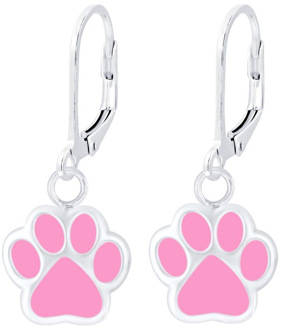 Joy|S - Zilveren kat hond dierenpoot oorbellen - roze - leverback sluiting - poot afdruk