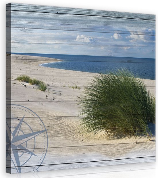 Canvas Schilderij - Duinen - Strand - Hout - Gras - Zee - Oceaan - Water - Wolken - Inclusief Frame - 40x40cm (lxb)