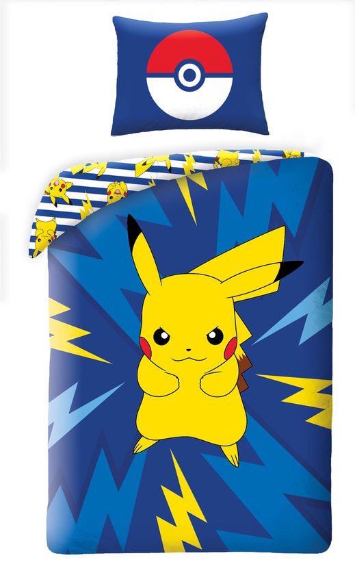 Pokémon Housse de couette Pikachu 140 x 200 cm (bleu foncé) Grande taie d'oreiller 70x90 cm Katoen