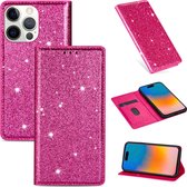 Apple iPhone 15 Pro Glitter Telefoonhoesje - Hoogwaardig PU Leren Bookcase - Pasjeshouder - Roze