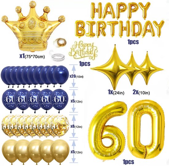 Blauwe ballonnen, gouden ballonnen, sterballonnen, ballon van een kroon, 'Happy Birthday' letters, '60' ballonnen, gouden '60' ballonnen en een taarttopper.