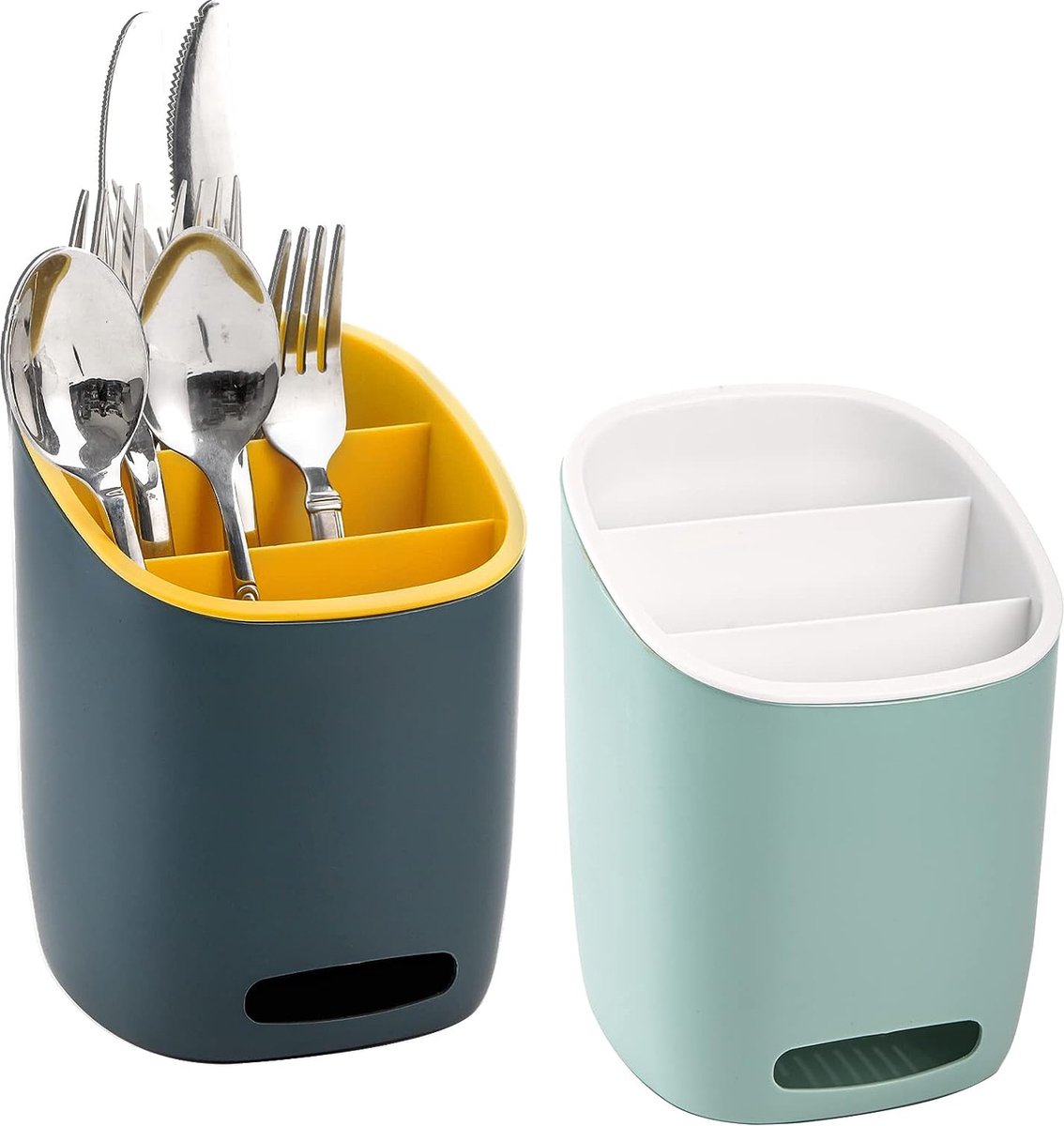 Goedkoopste Set van 2 plastic keukengereihouders, afdruiprek caddy, 3 gedeelde zilverwerkhouders, drooggerei, gootsteen, werkblad, bestekorganizer voor lepels, vorken, messen, 2 kleuren