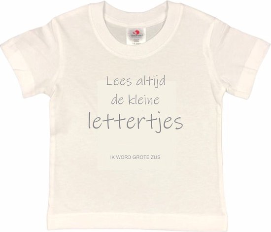 Shirt Aankondiging zwangerschap "Lees altijd de kleine lettertjes (ik word grote zus)" | korte mouw | Wit/grijs | maat 98/104 zwangerschap aankondiging bekendmaking Baby big bro Sis Sister
