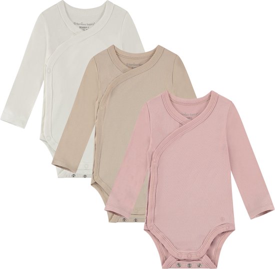 Bamboo Basics Bobby - Bamboe Baby Meegroei Overslagromper (Multipack 3 stuks) - Lange Mouwen - Zijdezacht - Ademend - Wit, Beige & Roze - 62