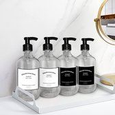 Set van 4 plastic zeepdispensers 300 ml fles met etiketten, handzeep shampoo douchegel wasmiddeldispenser voor badkamer keukengootsteen kantoor hotel (transparant 300 ml)