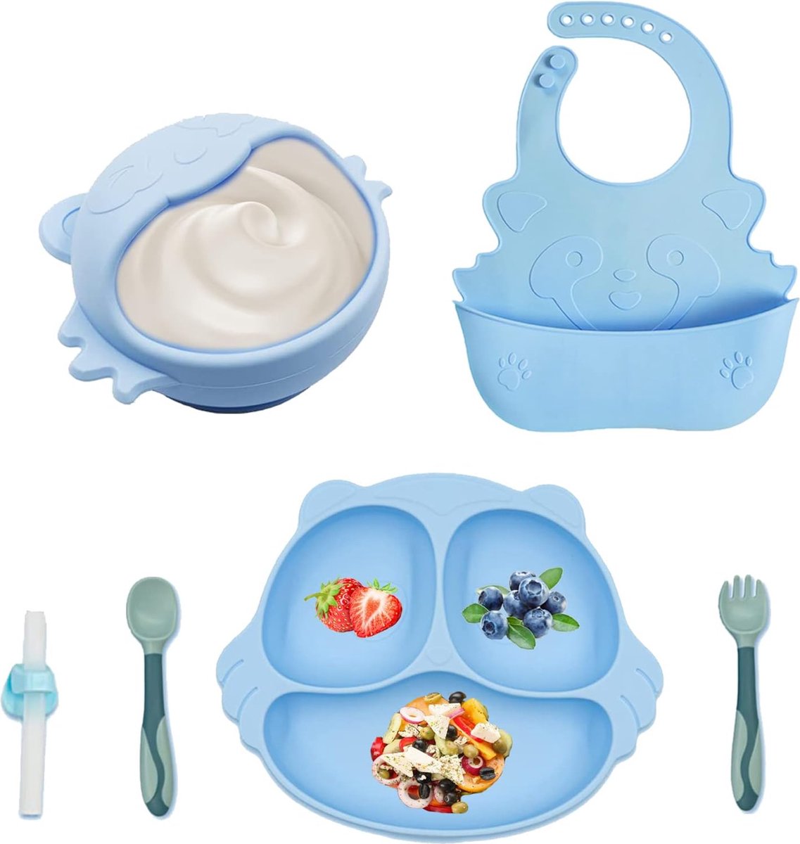 Goedkoopste Kinderserviesset Siliconen antislip 6-delig Babybord Serviesset Kinderbord met zuignap Kom met slabbetje Vork BPA-vrij servies voor peuters, blauw