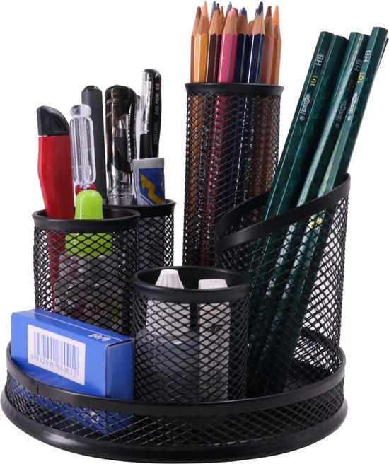 Lenfuos Bureau-organizer, 360 graden draaibare bureau-organizer, penhouder, 5 sorteervakken voor pennen, nietjes, mappenklemmen, zelfklevende notities, ruimtebesparende bureau-organizer (blauw