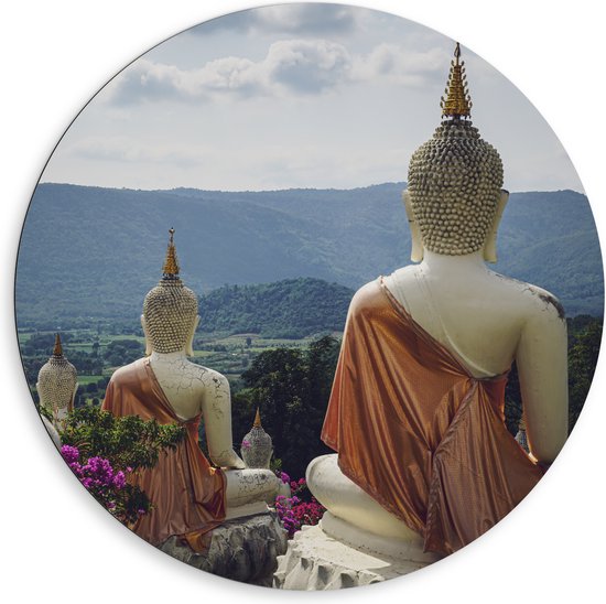 Dibond Muurcirkel - Buddhas - Bloemen - Bergen - Bomen - 80x80 cm Foto op Aluminium Muurcirkel (met ophangsysteem)