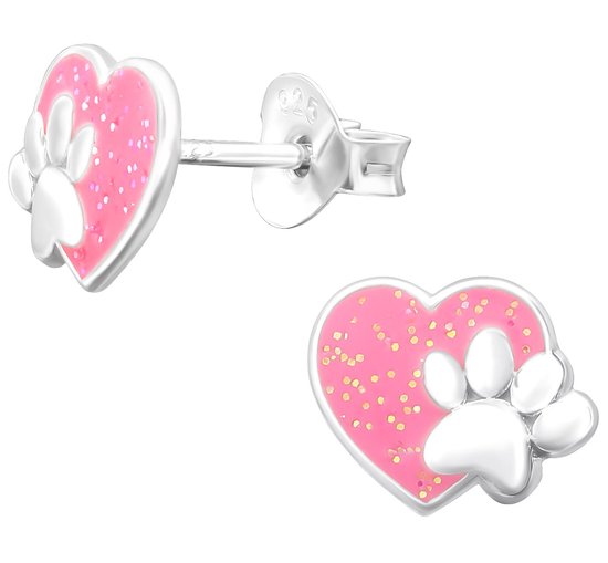 Joy|S - Zilveren hartje oorbellen - glitter roze kat hond dierenpoot - 9 x  7.5 mm -... | bol.com