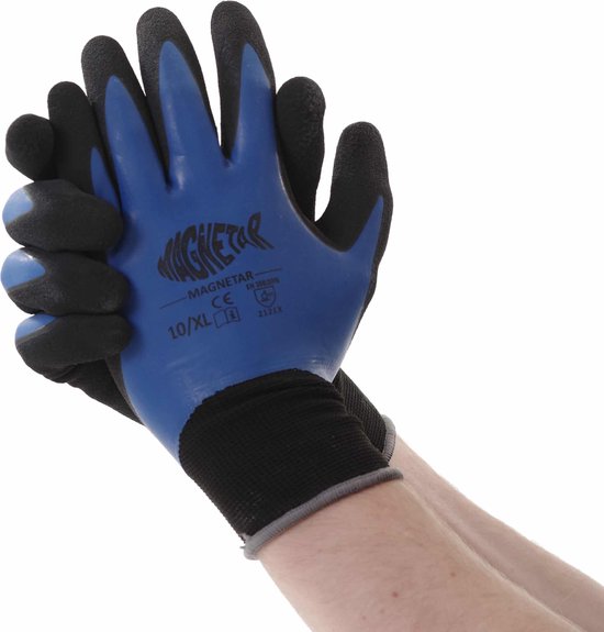 Foto: Magnetar triton waterdichte handschoenen veel grip nauwsluitend waterdicht snijbestendig nylon en latex zwart en blauw