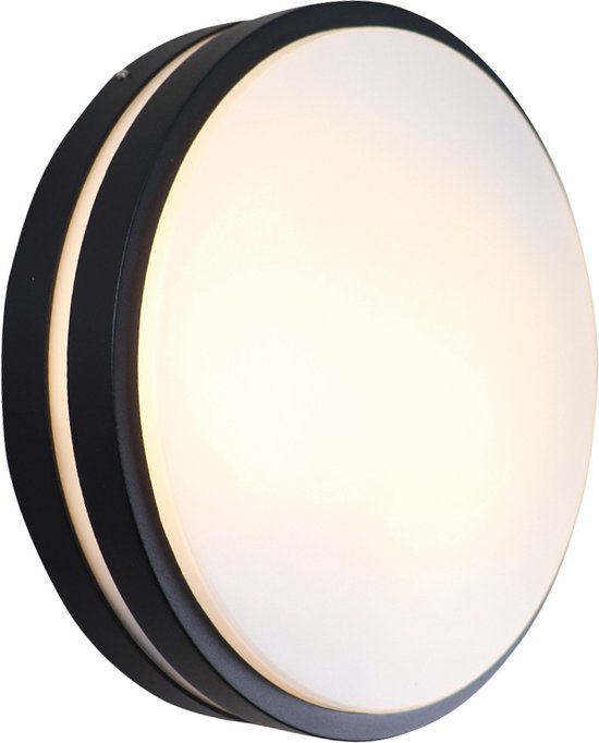 Olucia James - Buiten plafondlamp met bewegingssensor - 2L - Kunststof - Zwart - Rond - 28.5 cm
