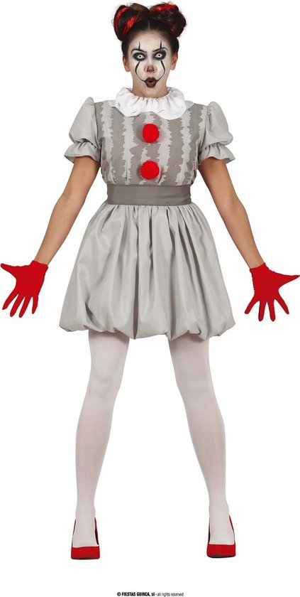 Guirca - Pierrot Kostuum - Niet Zo Vrolijke Grijze Scary Clown - Vrouw - Grijs - Maat 38-40 - Halloween - Verkleedkleding
