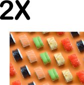 BWK Textiele Placemat - Verschillende Soorten Sushi op een Oranje Achtergrond - Set van 2 Placemats - 40x30 cm - Polyester Stof - Afneembaar