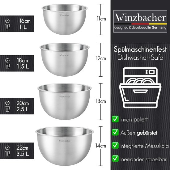 Lot De 5 Bols En Acier Inoxydable - 1L à 3.5L, Gradués, Empilables, Pour Cuisine Et Pâtisserie - 9