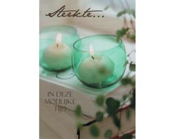 Sterkte in deze moeilijke tijd! Een mooie kaart met twee brandende kaarsen in een glas die op een boek staan. Een geschikte kaart om te geven aan iemand die in een lastige periode zit. Een dubbele wenskaart inclusief envelop en in folie verpakt.
