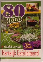 80 jaar! Van harte gefeliciteerd! Geniet ervan! Een bijzondere kaart met een prachtige tuin vol kleurrijke bloemen en planten. Een leuke kaart op zo te geven of om bij een cadeau te voegen. Een dubbele wenskaart inclusief envelop en in folie verpakt.
