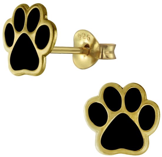Joy|S - Zilveren kat hond dierenpoot oorbellen - zwart - 14k goudplating