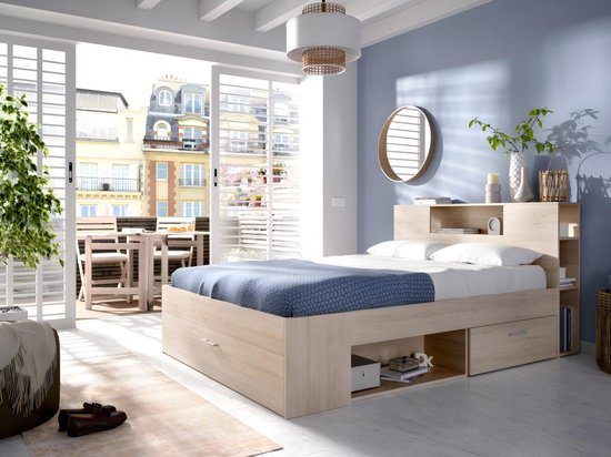 Bed met hoofdeinde met opbergruimte en lades - 160 x 200 cm - Kleur: naturel + bedbodem - LEANDRE L 228.5 cm x H 95 cm x D 169.5 cm