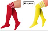 10x Paar Lange sokken rood en geel met strepen - maat 36-41 - Lieskousen - kniekousen sportsokken cheerleader carnaval voetbal hockey unisex festival