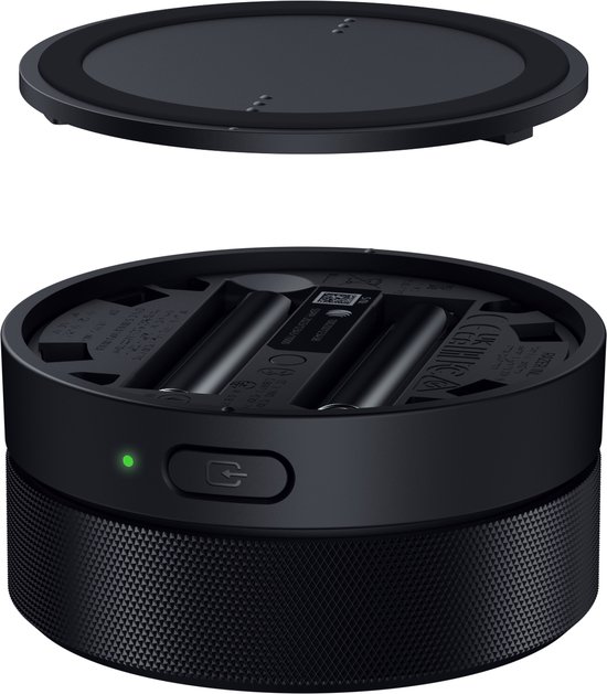 Zwarte Razer volume knop met batterijen en groene LED.