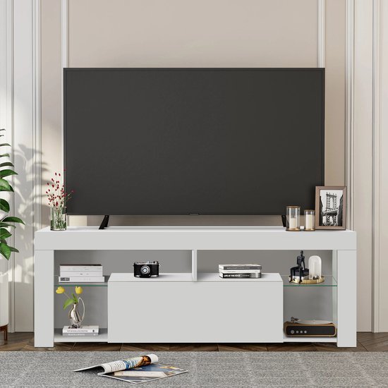 Meuble TV Nuvolix - Meuble TV - Table TV - avec éclairage LED - blanc -  bois - 140*35*50CM | bol