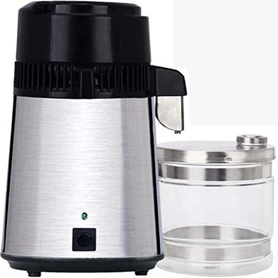 VEVOR Waterdestilleerapparaat, 4 l, zilver, gedestilleerd watermachine, 750 W, 1 l/u, waterdestilleermachine, roestvrij staal, voedsel, veilig, temperatuur, instelbare tijd, glazen container, zuivering, thuis, kantoor, kliniek