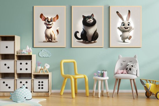 Leuke posterset voor kinderkamer of babykamer. Poster met: hond, kat en konijn pixar stijl. 50x70 cm zonder wissellijst
