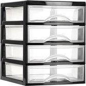 Plasticforte Caisson à tiroirs/organiseur de bureau 4x tiroirs - noir/transparent - L18 x L21 x H23 cm - plastique