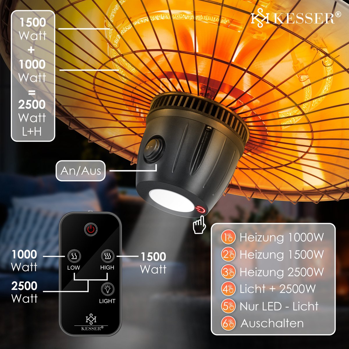 KESSER Terrasverwarmer Elektrisch 2500 W – Infrarood Heater voor Plafond en Wand, Hangende Terrasheater voor Buiten – foto 6