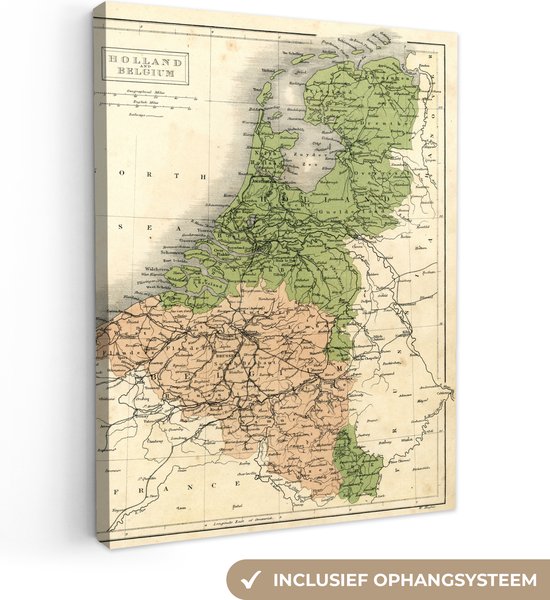 Canvas Schilderij Vintage kaart van Nederland en België - 90x120 cm - Wanddecoratie