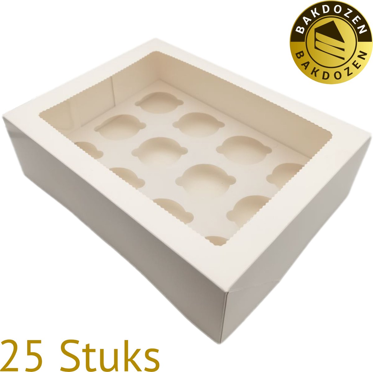 Cupcake doos voor 12 Cupcakes - Wit - Met Tray en Venster - 25 stuks - 34cm x 26cm x 10cm - Cupcakedozen - Gebaksdoos