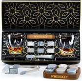 Whisiskey Luxe Whiskey Rocks Set - 6 Whiskey Stones - 2 Twisted Glazen - IJstang - Herbruikbare IJsblokjes - Graniet Whiskey Stenen Voor Glazen - Accessoires - IJklontjes Steen - Drank Koeler - Cadeau